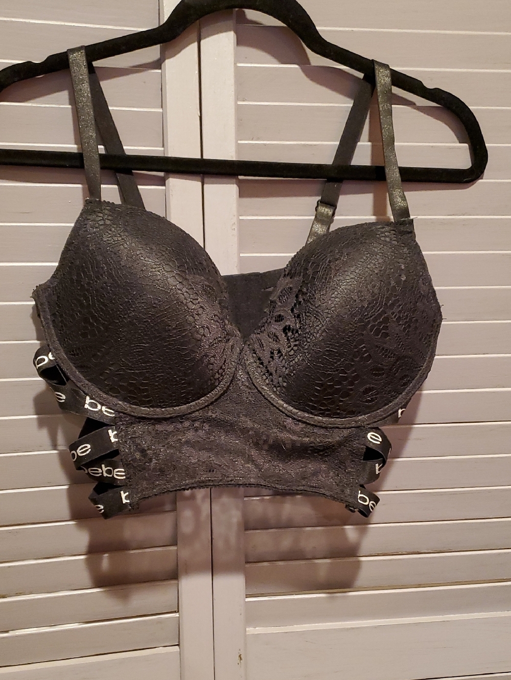 bebe Charcoal Lace Longline Push-Up Bra with Branded Side Straps Size 38 D